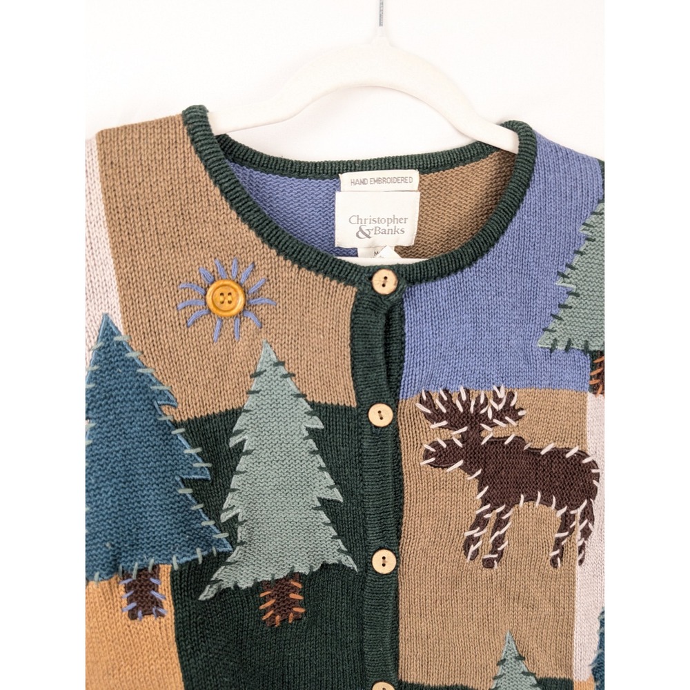 Vintage 90s Patchwork Moose Sweater Sz M Hand Embroidered Cabin Outdoor Cottage - Picture 4 of 7